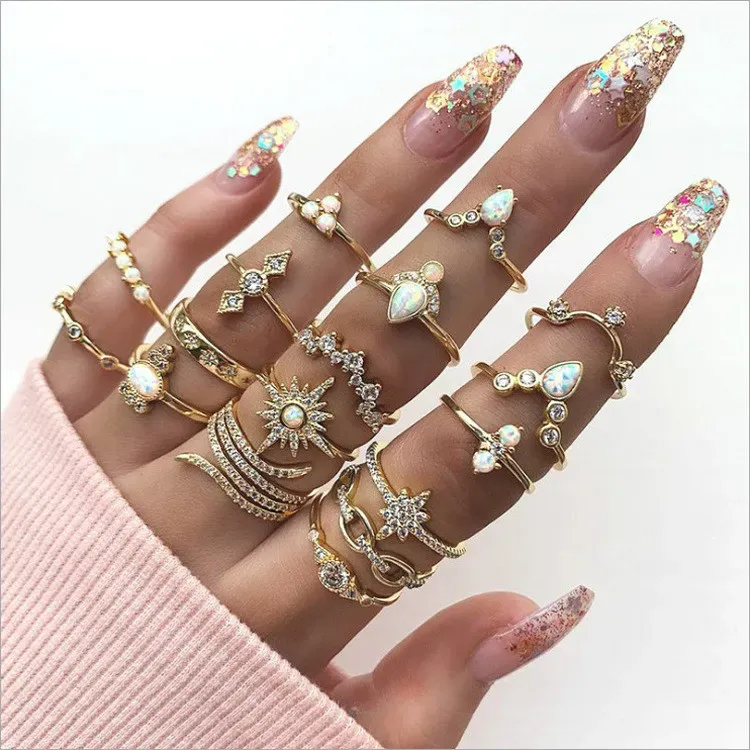 Bohemia Wedding Rings Sets Fashion Geometric Flower Star Arrow Hollow Crystal Knuckle Ring for Woman 17pcs set LL