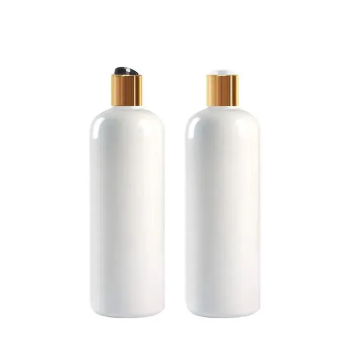 卸売20pcs 500ml白い空のプラスチックシャンプーボトルディスクキャップ付きDIYローションペットボトル、ゴールドキャップ、化粧品パッケージ11 ll