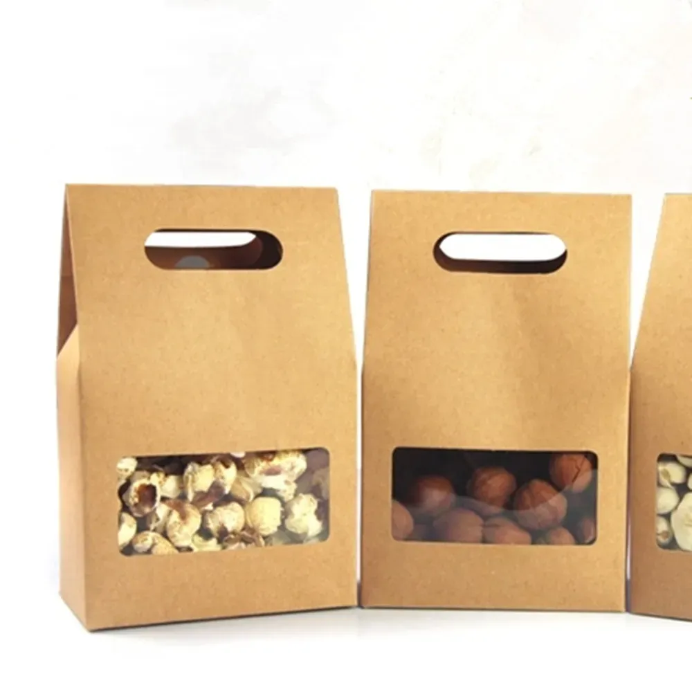 150Pcs/Lot 10.5*15+6cm Kraft Paper Tote Bag Wedding Favor Candy Gift Packing Box With Handle Clear Square Window Chocolate Packaging 11 LL