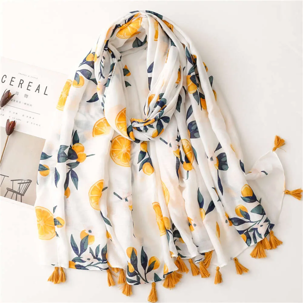 Sweet And Fashionable Fruit Orange Silk Scarf Printed Cotton And Linen Feel Scarf Tassel Travel Sun Protection Beach Towel Female