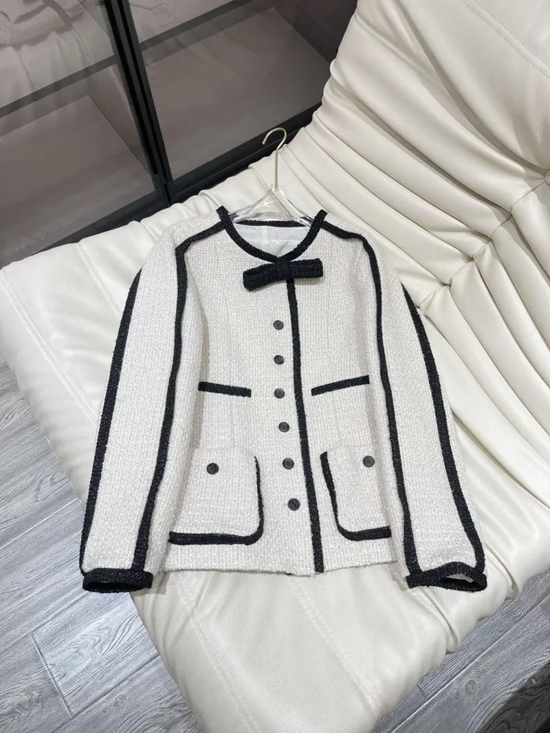 2023 Autumn Bow Color Contrast Trim Tweed Jacket White Black Long Sleeve Round Neck Double Pockets Single-Breasted Jackets Coat