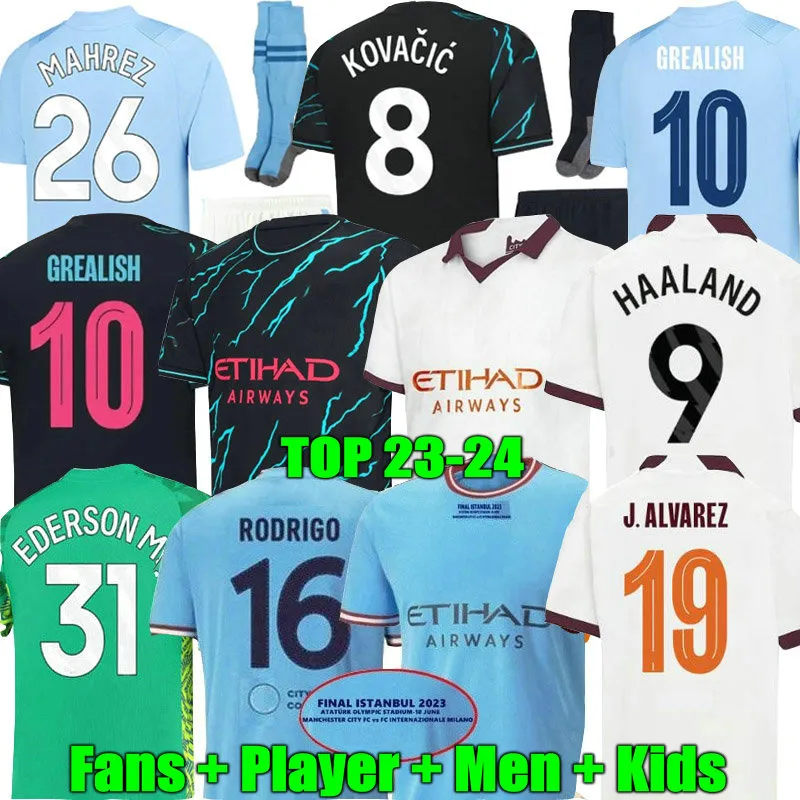 22 23 24 HAALAND MAGLIE DA CALCIO GREALISH MANS CITTÀ MAHREZ Fans Player Version DE BRUYNE FODEN 2024 2023 Magliette da calcio Camicia Kit per bambini