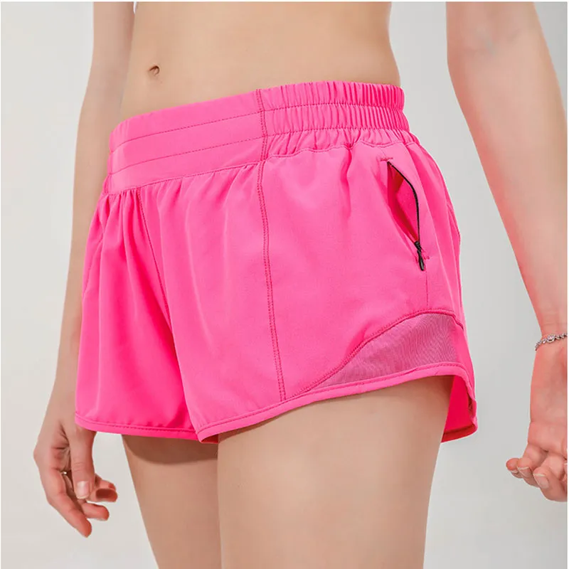 L-091 Hot Low Rise Breattable Quick-Dry Yoga Shorts Inbyggda fodrade sport kort dolda dragkedja sido-droppfickor som kör svettbyxor med kontinuerlig dragkonditionering