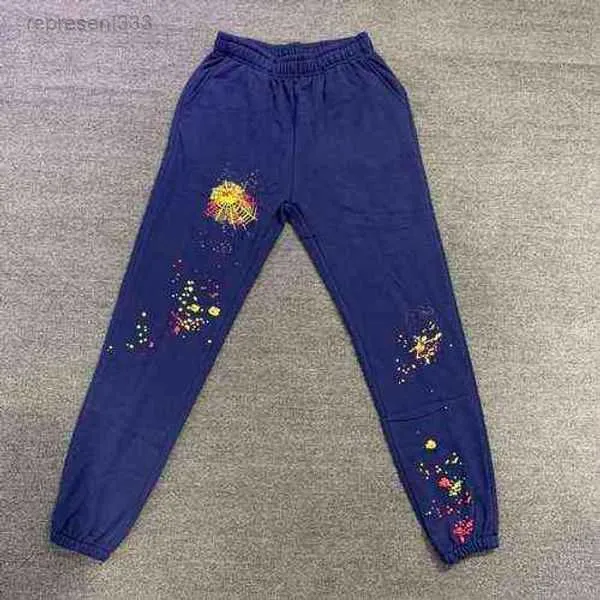 Sp5der calças azul marinho impressão de espuma sweatpants homens aranha 555 web gráfico jovem bandido calças ky0q