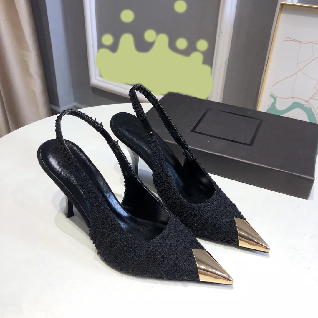 مصمم أسود لباس النساء المعادن المعدنية المدببة بأصابع القدم عالية الكعب بشكل جيد براءة اختراع جلد تويد Tweed Sendals Sexy Party Shoes 9cm مع Box 43427 15845