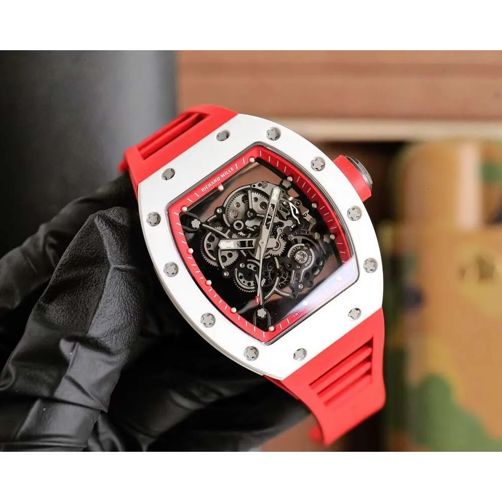 RM055 SUPERCLONE Reloj Flywheel Reloj de pulsera Richa Milles Rm055 Cerámica blanca Reloj mecánico automático de fibra de carbono transparente montres de luxe