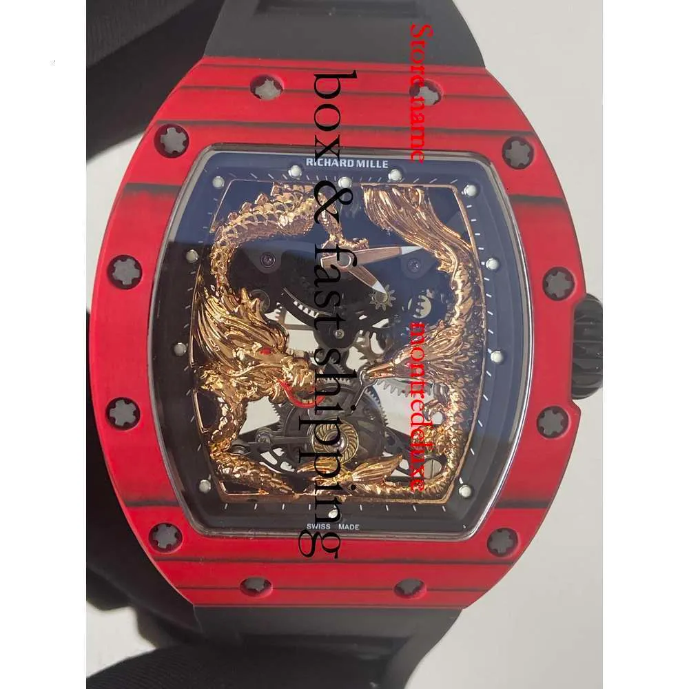 디자인 RM57 Tourbillon Male Dragon 및 Phoenix Superclone Carbon Fiber Watch Automatic New RM57-01 시계 Light Wristwatch909 Montres de Luxe