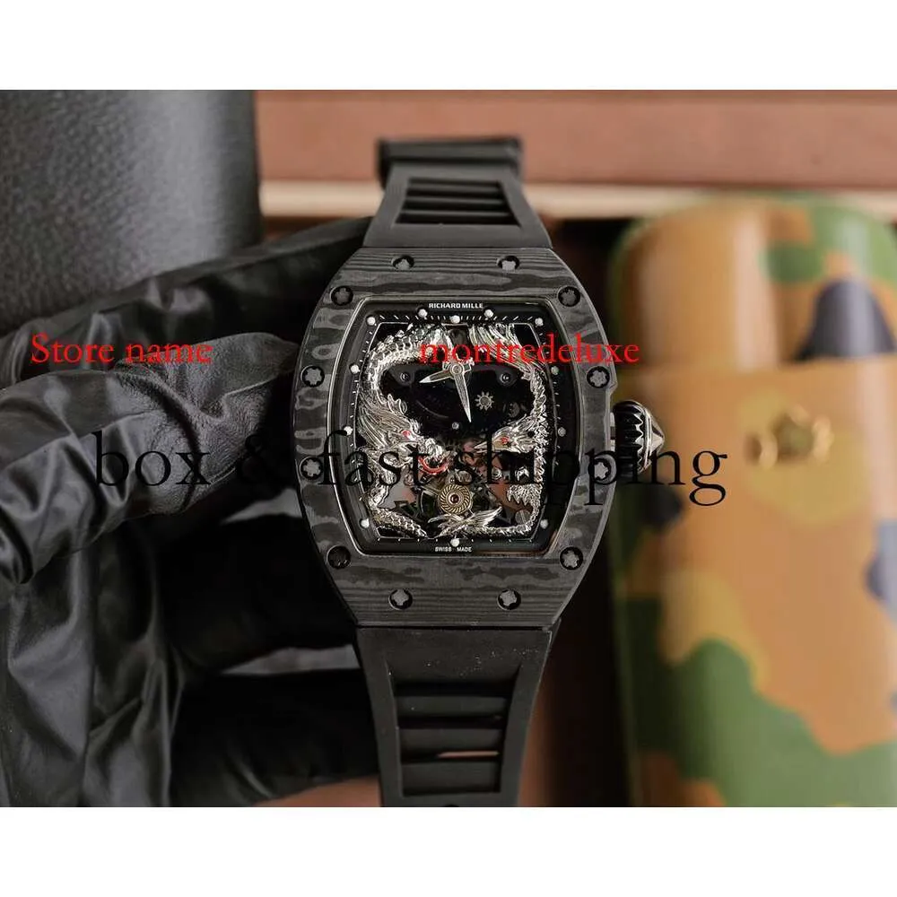 تصميم RM57 Tourbillon Male Dragon and Phoenix Superclone Carbon Fiber Watch Automatic New RM57-01 Watches Light Wristwatch221 Montres de Luxe