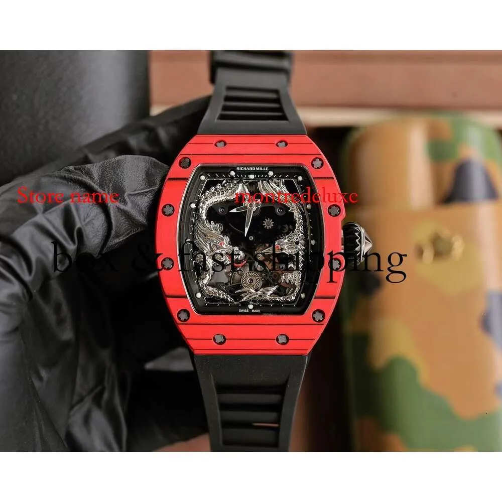 Design RM57 Tourbillon Male Dragon and Phoenix Superclone Carbon Fiber Watch Automatic New RM57-01 Watches Light Wristwatch558 Montres de Luxe