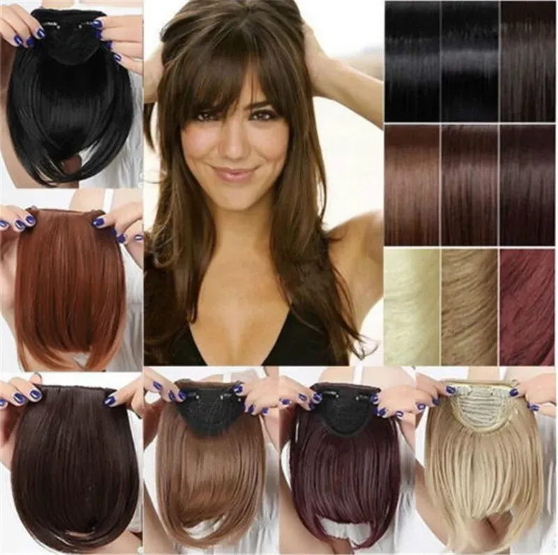 Nya 32 färger Short Front Neat Bangs syntetiska hår fransar Bang Hairpiece Clip in Front Hair Extension rak ll