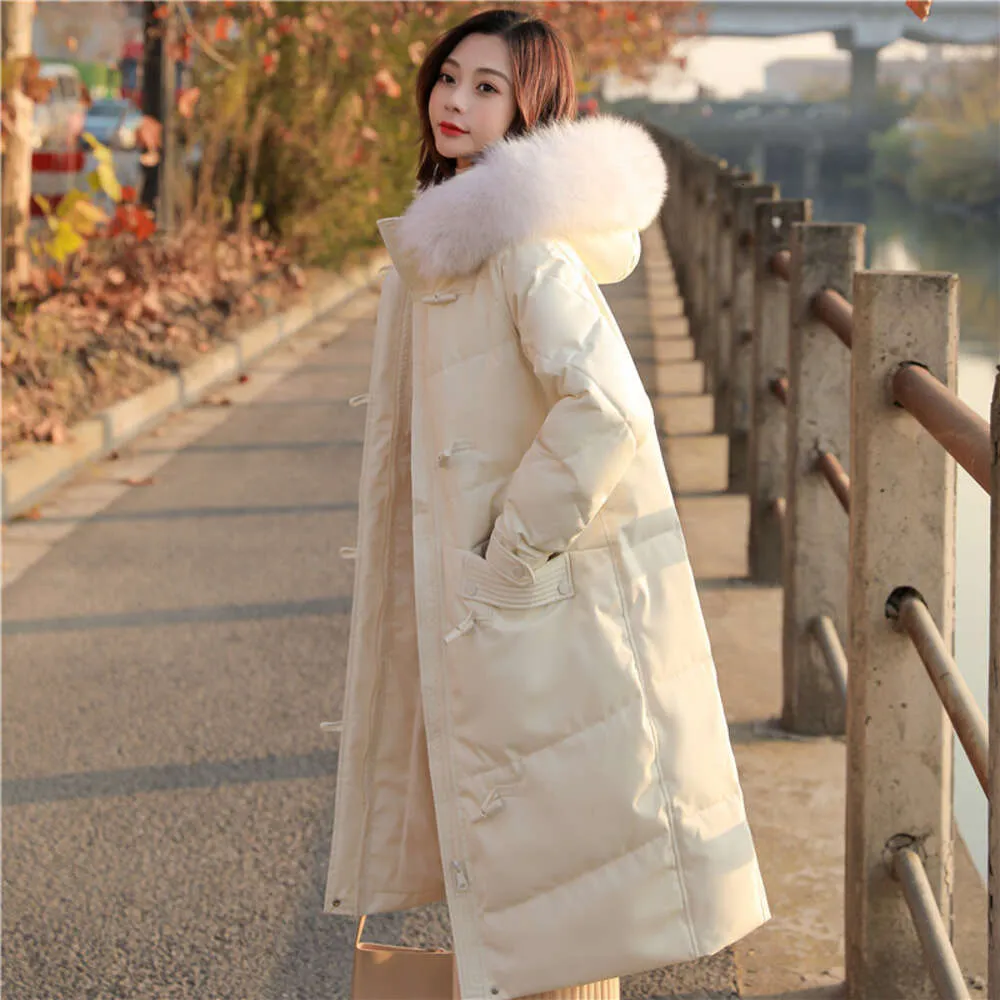 2023 New Bullhorn Button Down Coat Women's Mid Length Thickened Loose White Duck Down Collar Korean Winter Coat