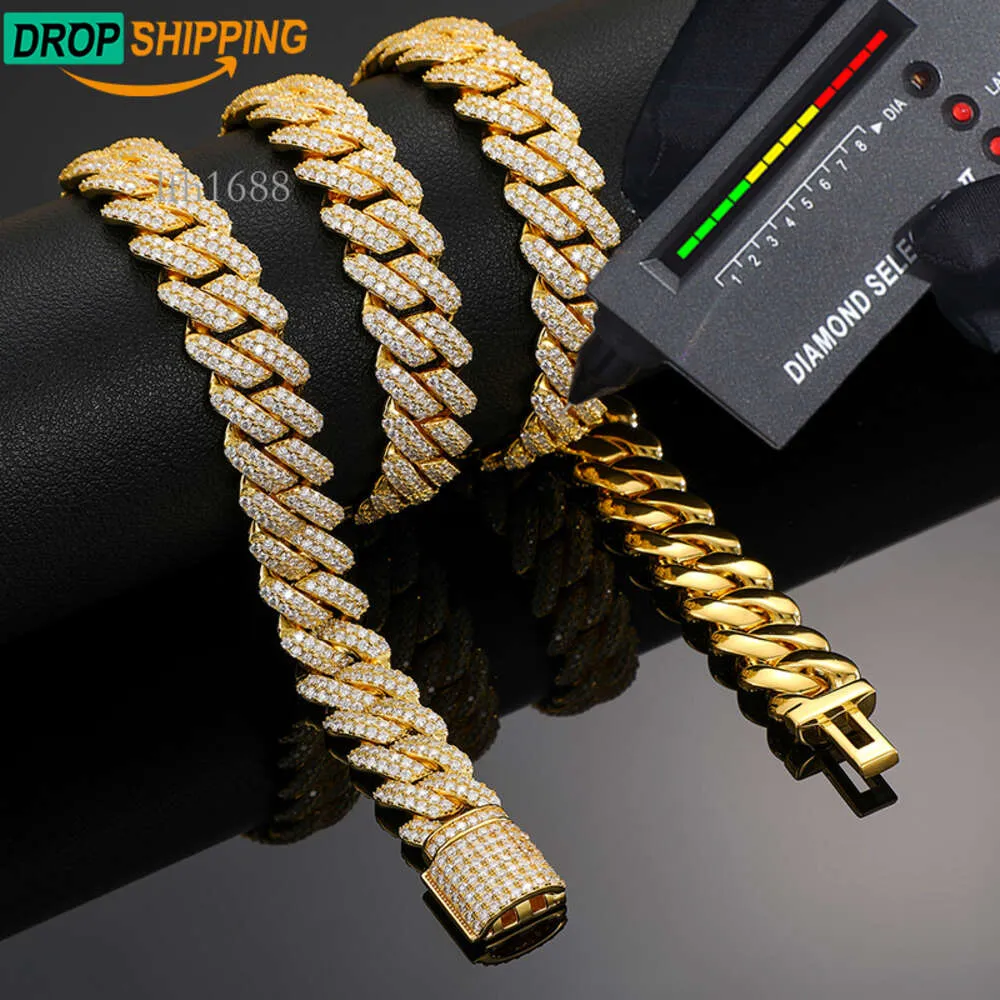 Dropshipping ucuz fiyat hip hop erkek mücevherler 14mm sterling sier vvs moissanit elmas buzlu Küba Bağlantı Zinciri Kolye