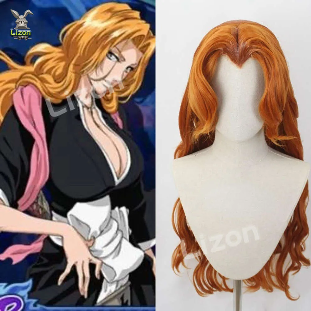 Cosplay matsumoto rangiku cosplay peruk kläder tillbehör gyllene långa lockiga hår kvinnor shihouin yoruichi kuchiki byakuyacosplay