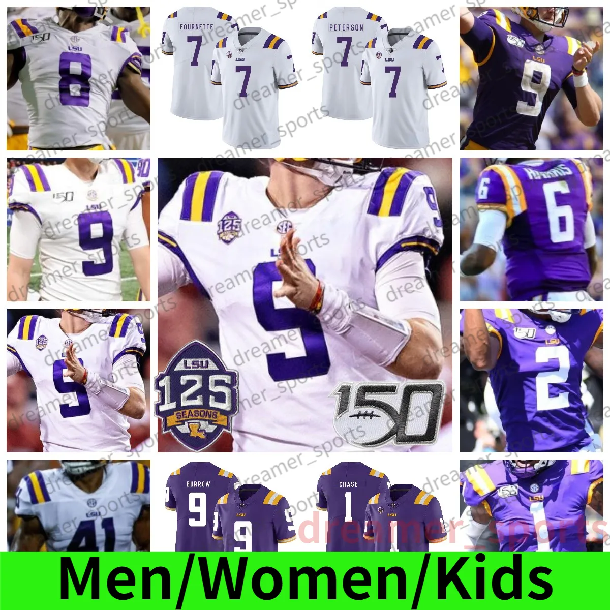 LSU Tigers Football Jersey Burrow Justin Jefferson Chase Grant Delpit Petit Petits Mathieu Marshall Guice White Custom College Jerseys Men Chids 125th 150th