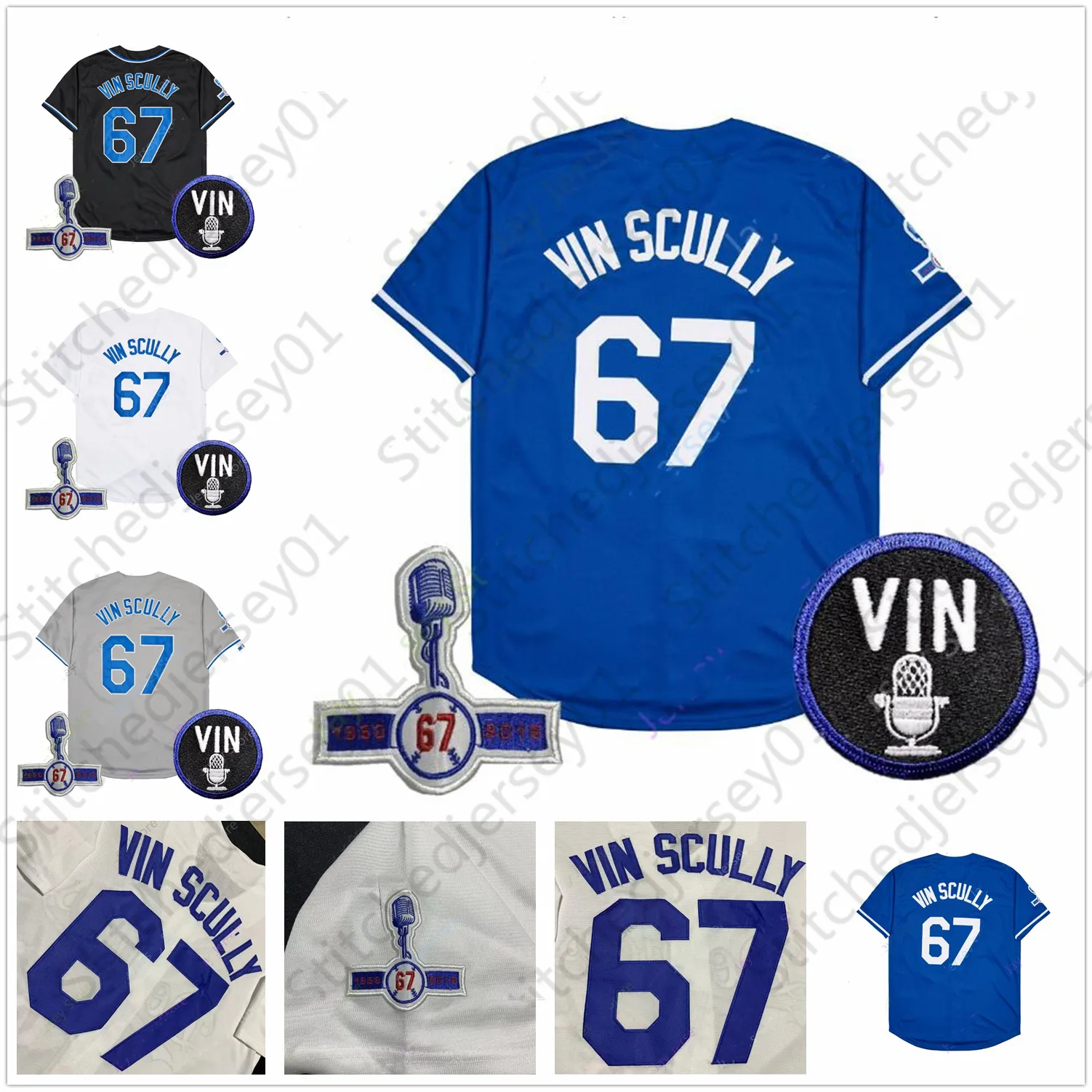 Baseball bär 67 Vin Scully Jersey Patch White Voice Blue Grey Black Button Down