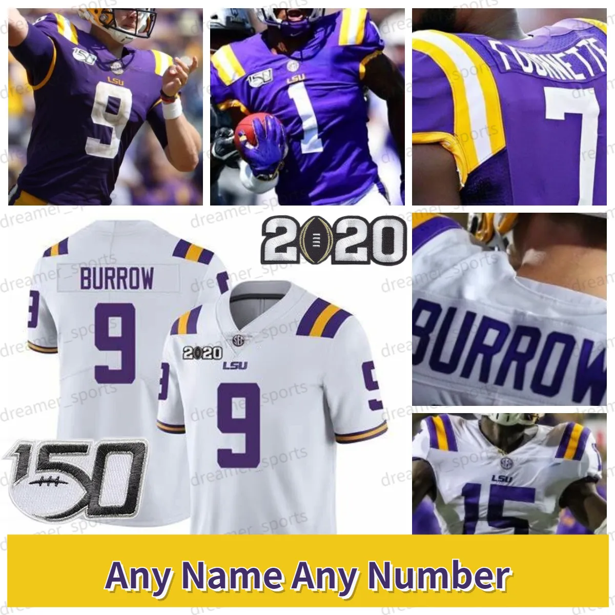 커스텀 풋볼 저지 오델 베컴 주니어 버로우 9 Burreaux Guice Fournette 7 Patrick Peterson 40 White Jefferson Fulton 1 Chase LSU Tigers College 남자 아이들