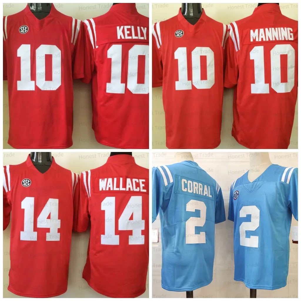 NCAA Football Ole Miss Rebels Jersey Eli 10 Manning 2 Corral 14 DK Metcalf Bo Wallace Chad Kelly College Red University Jerseys 150TH Patch