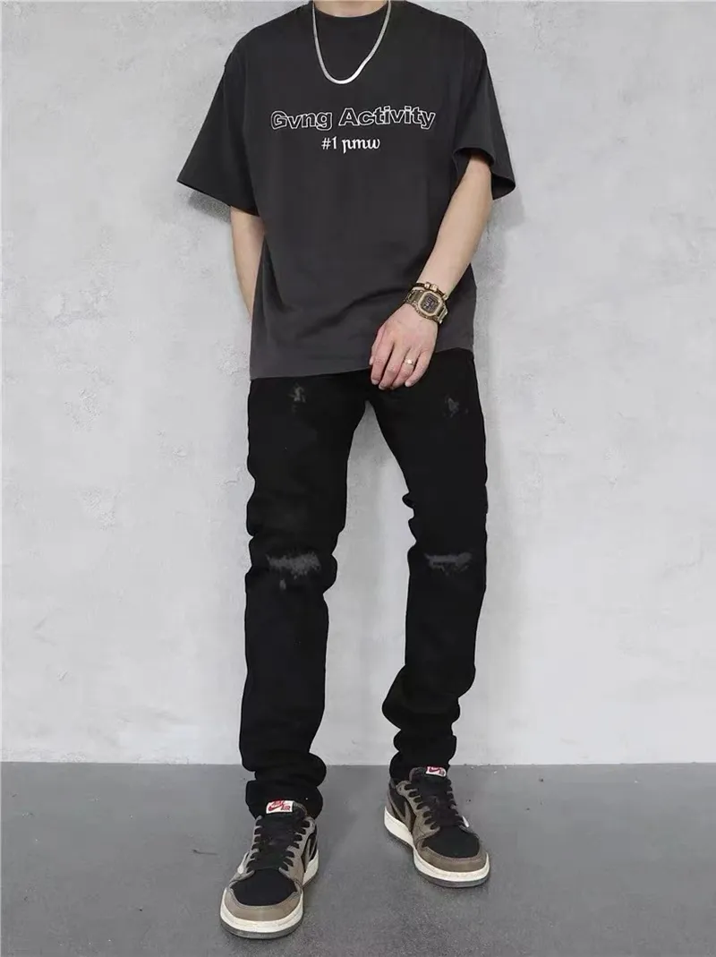 Black Denim Jeans Ripped Hold Tousers Vintage Pants Man byxor Slim Fix Trousers Retro Sweatpants High Street Overalls Overized Plus Size Women Jeans
