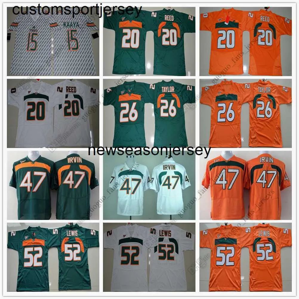 NCAA Hurricanes Camisa de Futebol 15 Brad Kaaya 20 Ed Reed 26 Sean Taylor 47 Michael Irvin 52 Ray Lewis S-XXL