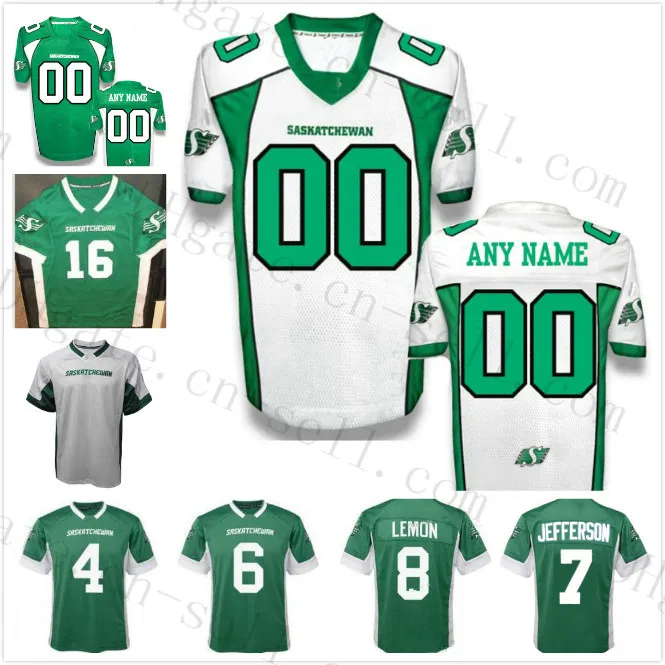 Nueva personalizada Saskatchewan Roughriders 39 Hughes 4 Durant 97 Chick 6 Rob Bagg 7 Dressler 82 Roosevelt Yong Lemon camiseta de fútbol 100% Ed