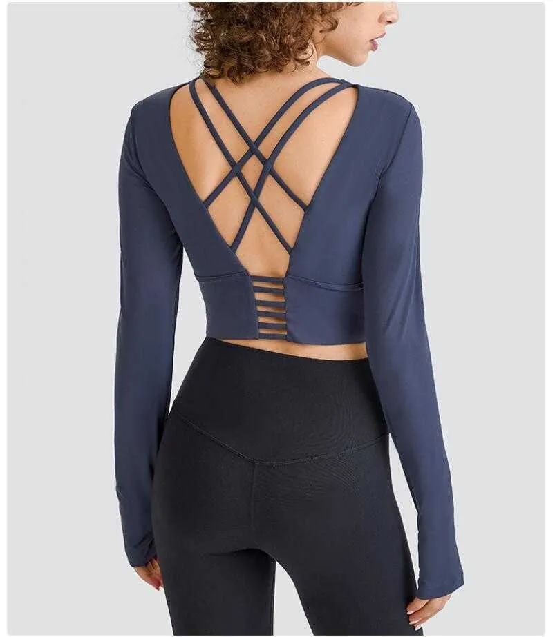 Sexy Thin Shoulder Belt Cross Yoga Outfits Top Gym Clothes Short Thumb Hole Open Back Half Length Fiess Long Sleeved Women Shirt