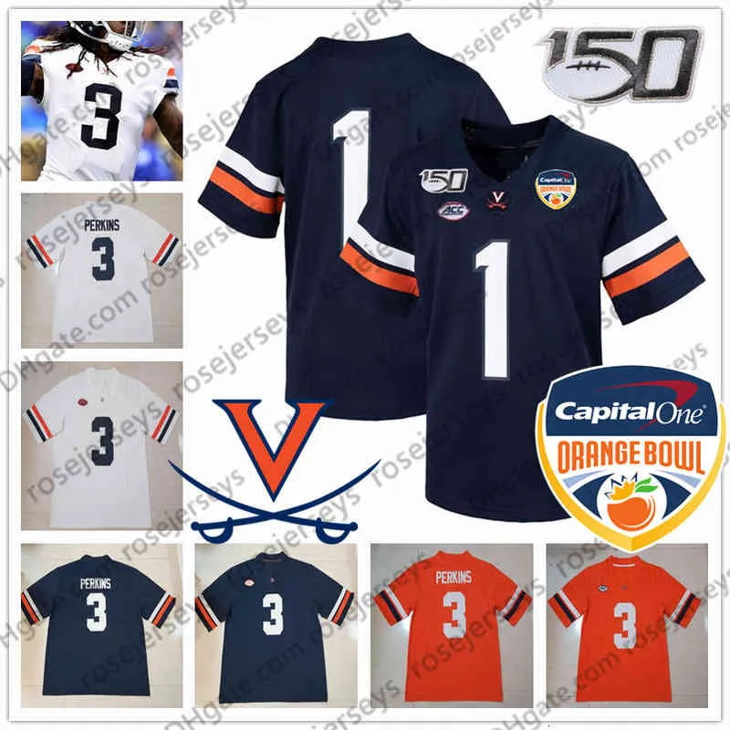 Custom Virginia College Football 150th Orange Bowl granatowy biały #3 Bryce Perkins 2 Joe Reed Men Młodzież Kid Uva 2020 koszulka