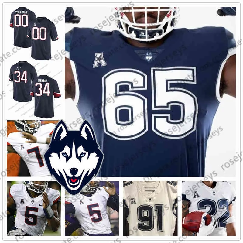 カスタムUConn Huskies 2019 New Football Any Name Any Number White Navy Blue＃34 Kevin Mensah 4 Steven Krajewski Men Youth Kid Jersey