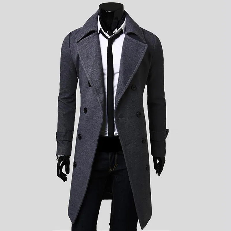 All'ingrosso- 2016 New Slim Mens lunghe giacche e cappotti soprabito doppio petto trench uomo antivento invernale