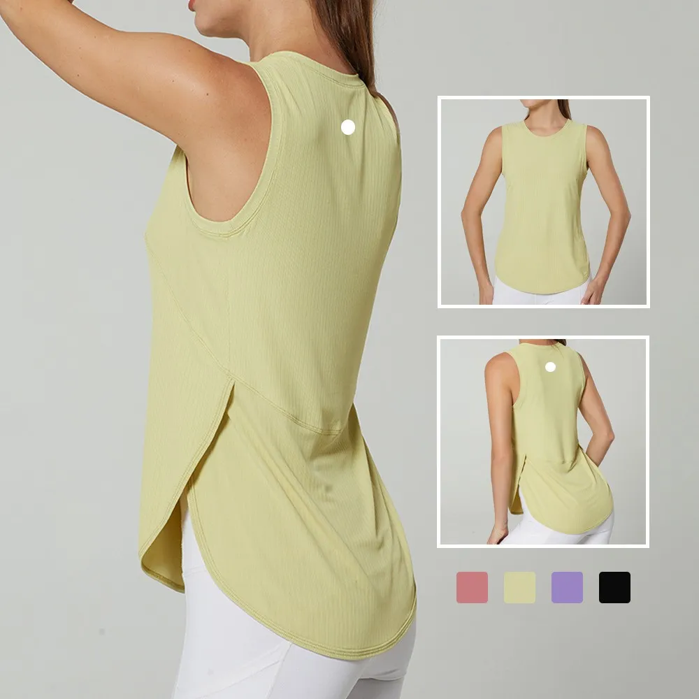 LU-1283 Kvinnor Vest O Neck ärmlös sida öppen andningsbar snabb torr yogakjorta som kör träning Löst fiess kläder sporttank