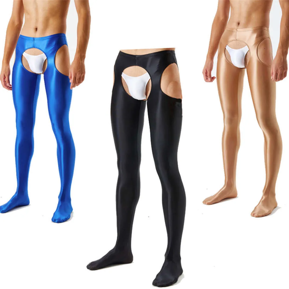 Pantimedias brillantes sin entrepierna para hombre, mallas exóticas con entrepierna abierta, aspecto húmedo, transparentes, sexys, suaves, mallas, pantalones