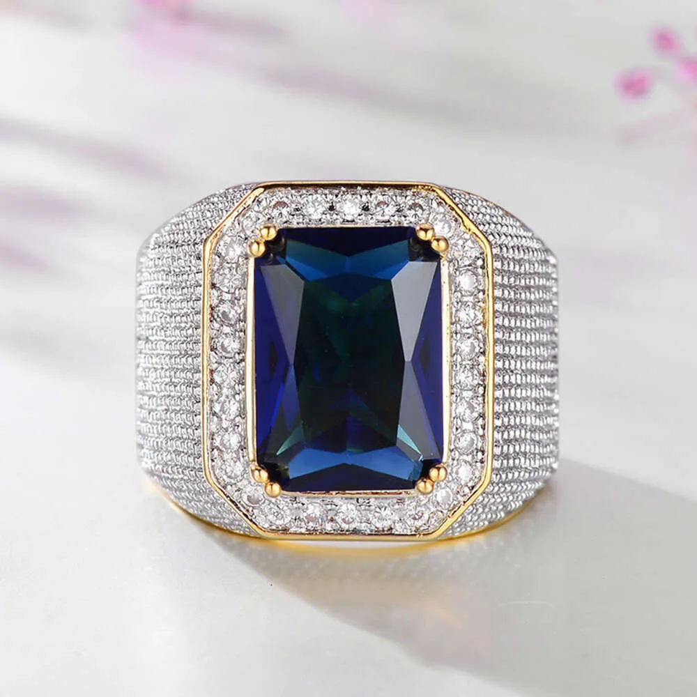 Nieuwe Diamond Hip Hop Split Gold Bold Square Blue Big Herenring