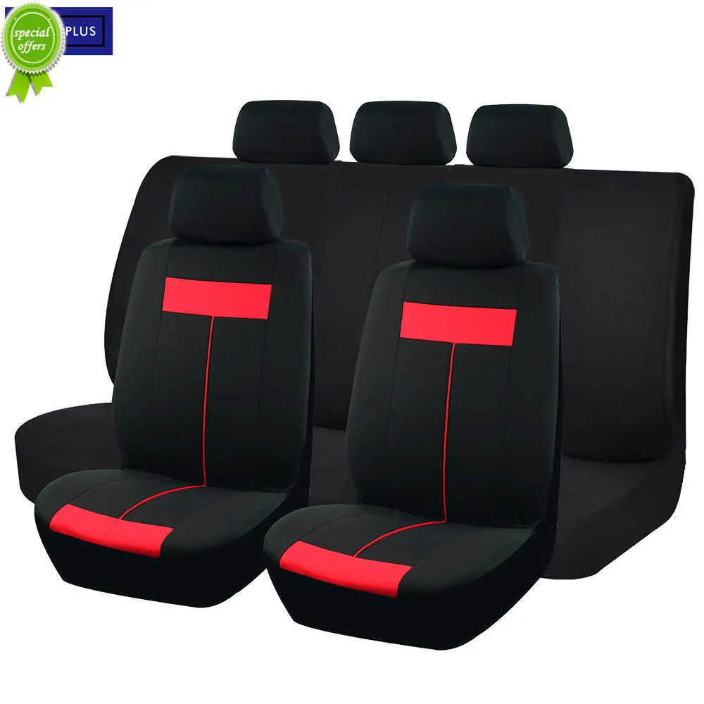 2023 Universal Black and Red Polyester Fabric Seat Cover för biltillbehör Interiör Fit Mest SUV Truck Van