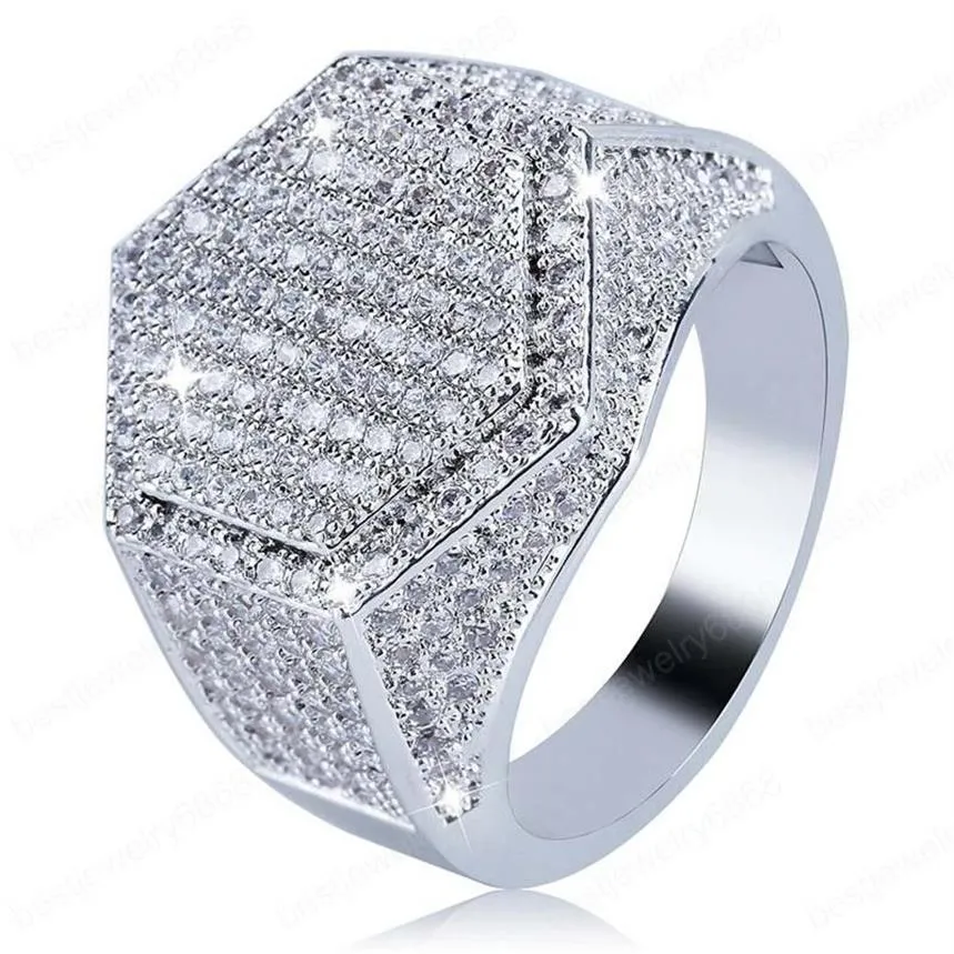 Hexagon Ring for Men Top Quality Trendy Hiphop Jewelry Gold Plated Bling Ice Out CZ Hip Hop Rings303e