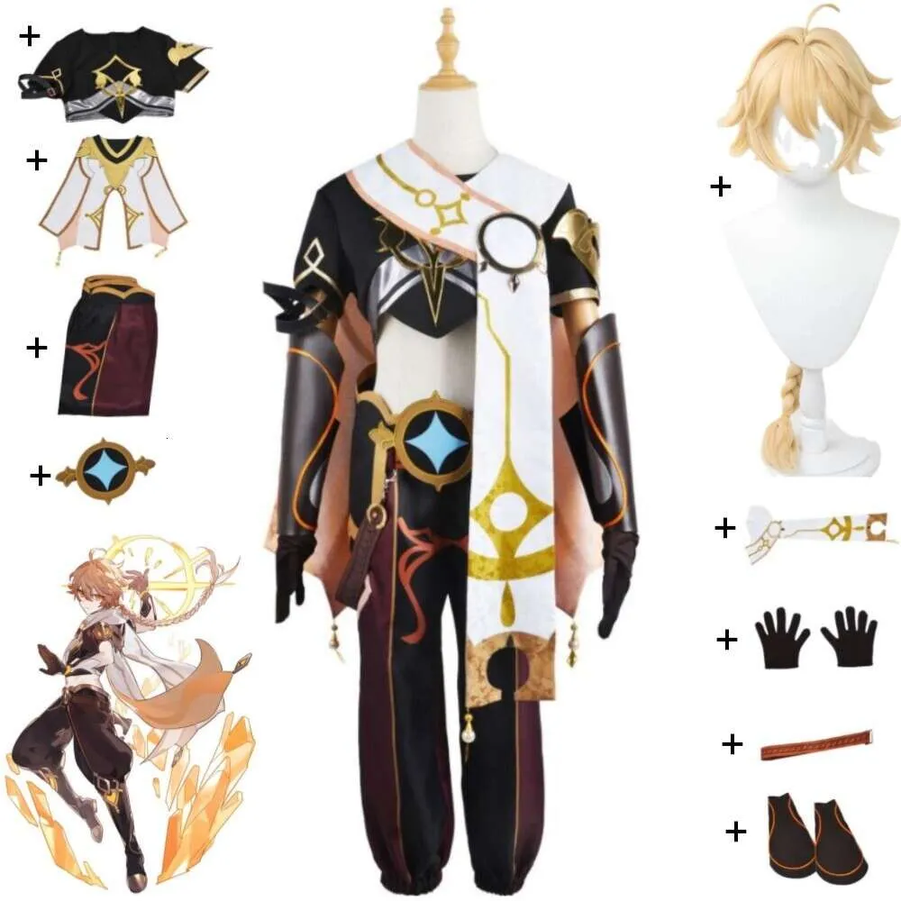 Cosplay anime oyunu Genshin Etki Gezgin Aether Cosplay Kostüm Peruk Top Pelerin Pantolon Hallowen Yetişkin Karnaval Parti Üniforma Takım