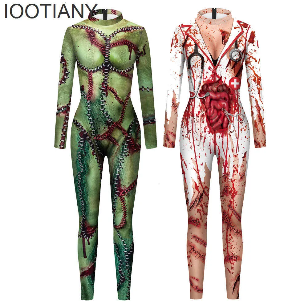 Kostiumy na Halloween bliznę krwi druk kobiety dorosły kombinezon Bodysuit długi rękaw karnawałowy impreza fantazyjna Monos Mujeranim