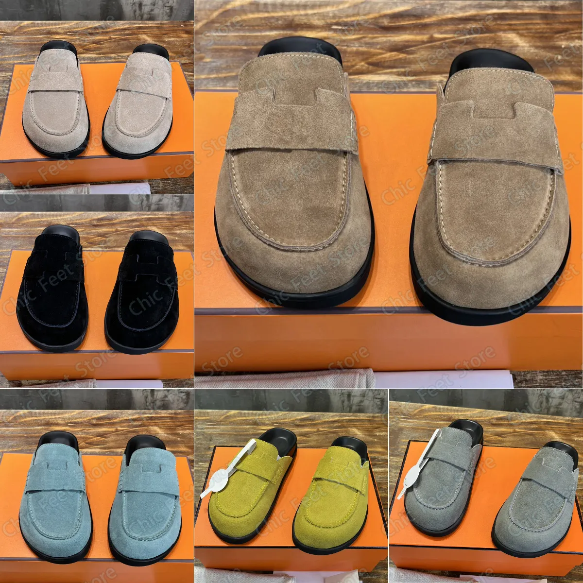 Go Mule Mules confortables Sandales Designer Clog Pantoufles plates Slide Chaussures décontractées classiques Semelle intérieure en cuir de veau en daim Semelle en caoutchouc Sandale de plage