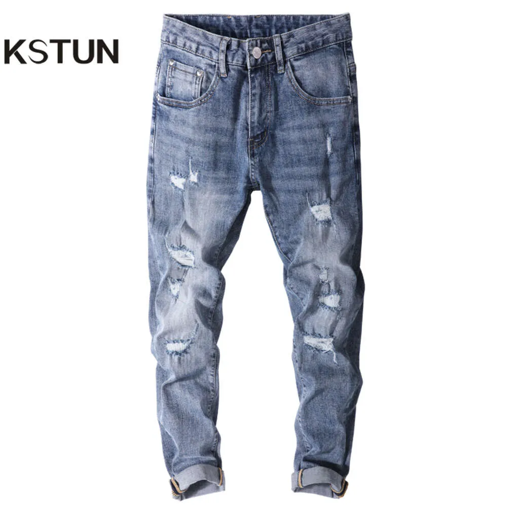 Ripped Men Skinny Slim Fit Light Blue Stretch Streetwear Hip Hop Distressed Male Denim Trousers Patched Punk Jeans