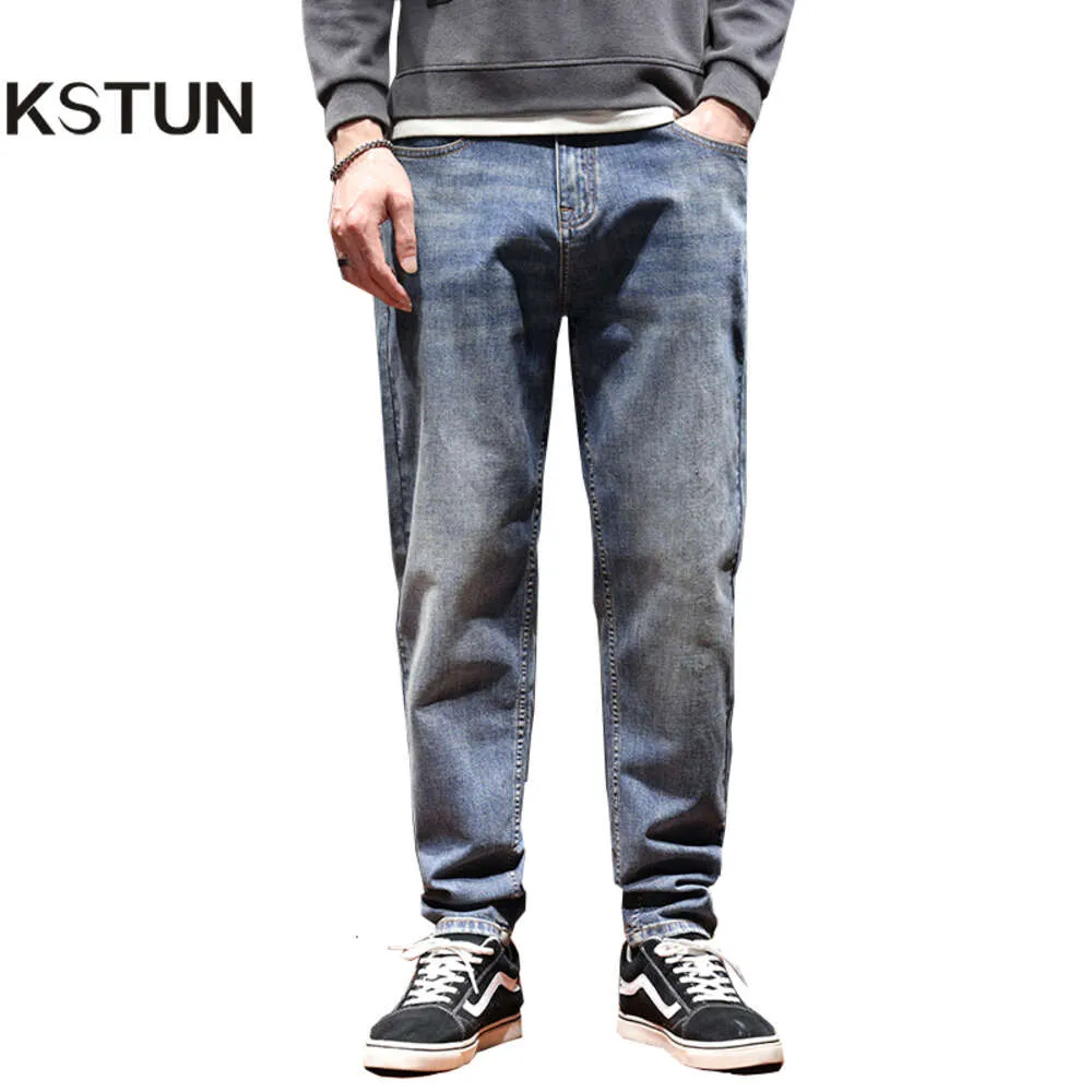 Baggy jeans män löst fit harem byxor breda ben modebrev retro blå hiphop streetwear casual denim byxor vår