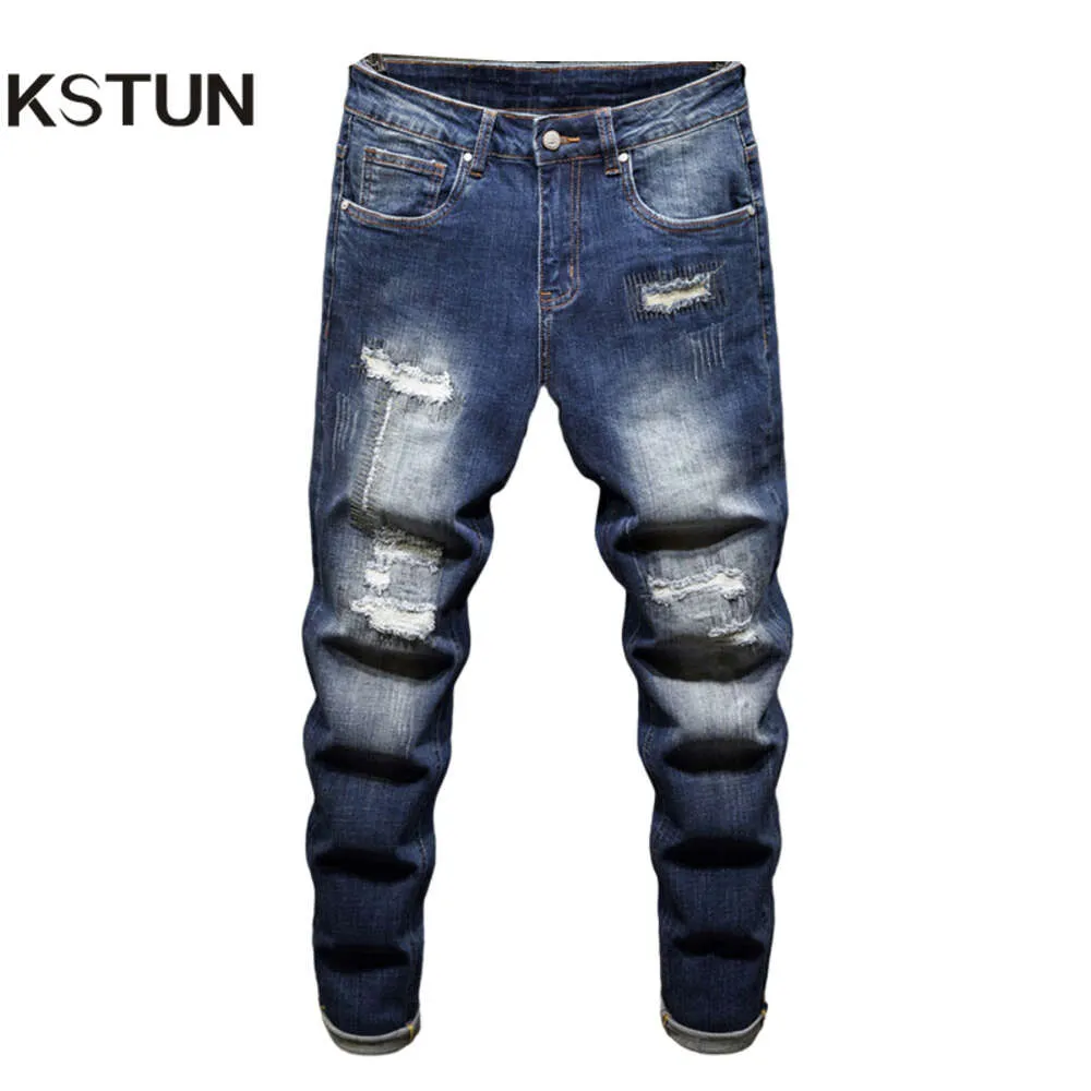 Gescheurd voor mannen Jean reparatie patch herfst winter stretch slanke rechte heren noodlijdende jeans denim broek mannelijke broek