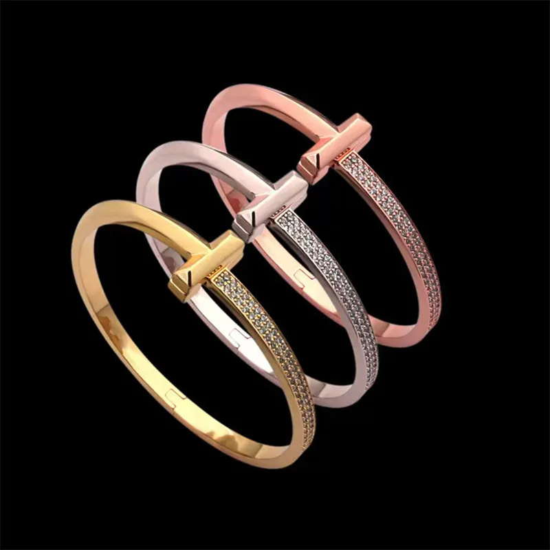 2022 Fashion Brand Crystal Cuff T Couple Designer Bracelet for Men&women Classic Plating Gold Stainless Steel Bracelets Jewelry