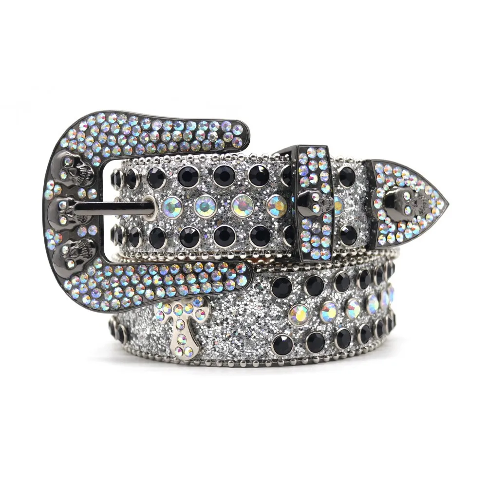 Cintura da uomo Cinture con strass per donna Cinture con diamanti lucidi di design con teschio in rilievo Pelle di serpente personalizzata fatta a mano