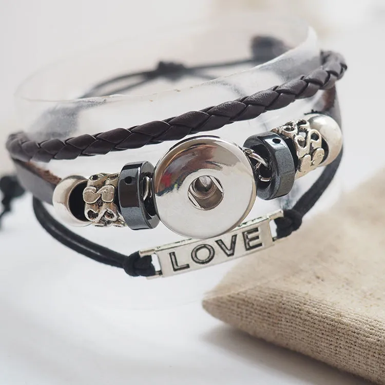 Handmade Black Love Snap Leather Bracelets Fit Snaps Buttons 18mm Adjustable Knot Giger Snap