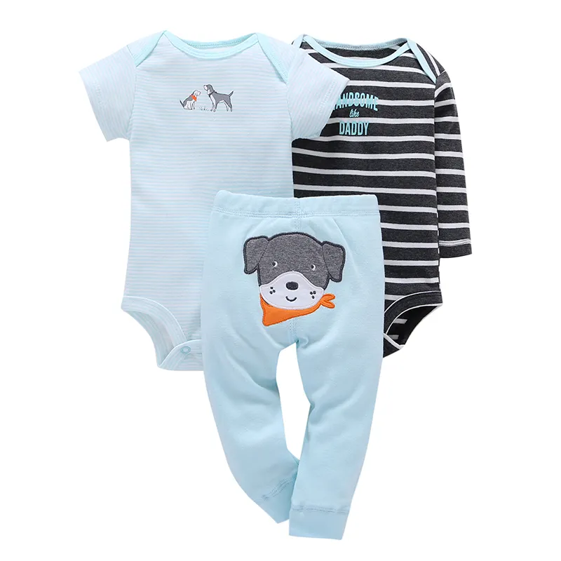 Baby Boys girl Clothing Set 3pcs/Set Blue Dog Trousers + 2pcs Striped Climbing clothes 0-2Y baby 2017 Spring Suit Baby Clothes