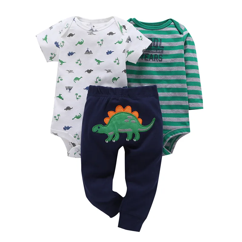 2018 new infant baby boy clothes cotton green stripe romper dinosaur model+pants 3pcs cute newbron baby girl outfit costume