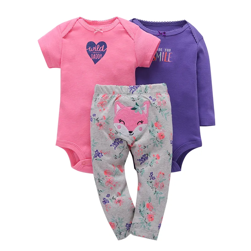 2018 newbron baby girl clothes cotton o-neck romper+animal fox pants 3pcs clothing set smile letter with heart print casual