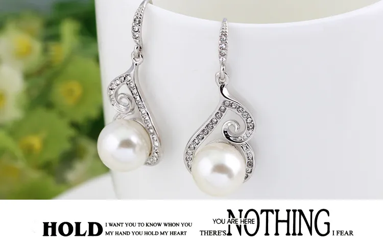 2016 Newest Women Crystal Pearl Pendant Necklace Earring Jewelry Set 925 Silver Chain Necklace Jewelry Sale