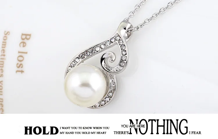 2016 Newest Women Crystal Pearl Pendant Necklace Earring Jewelry Set 925 Silver Chain Necklace Jewelry Sale