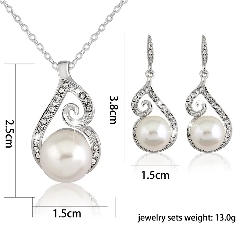 2016 Newest Women Crystal Pearl Pendant Necklace Earring Jewelry Set 925 Silver Chain Necklace Jewelry Sale