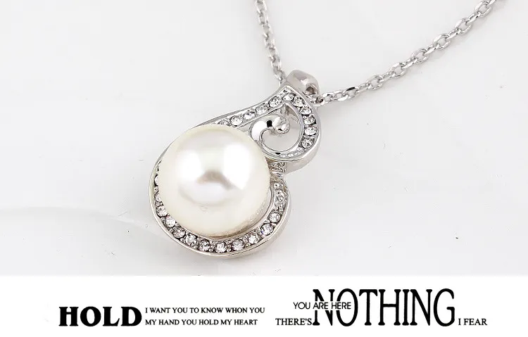 2016 Newest Women Crystal Pearl Pendant Necklace Earring Jewelry Set 925 Silver Chain Necklace Jewelry Sale