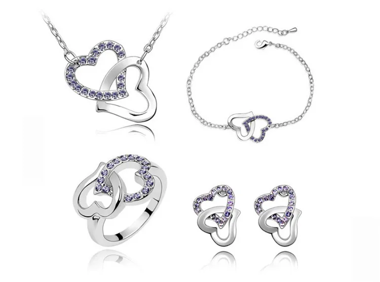 Newest Necklace and Earring Sets Heart Design Crystal Material Bracelet Ring Sets Exquisite Wedding Jewelry Sets 4022